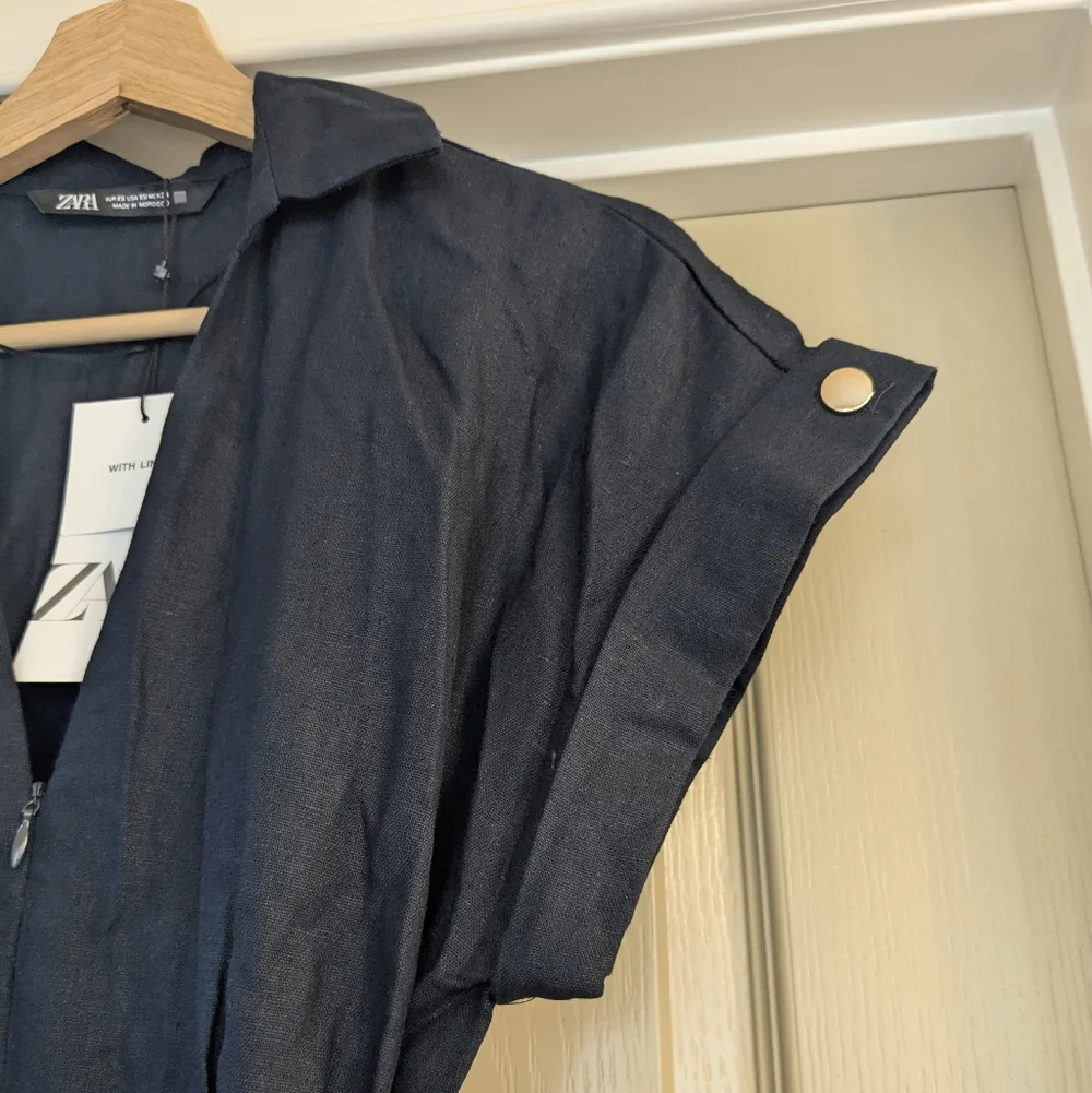 NWT Zara Dark Navy Belted Linen Blend Jumpsuit - Size XS